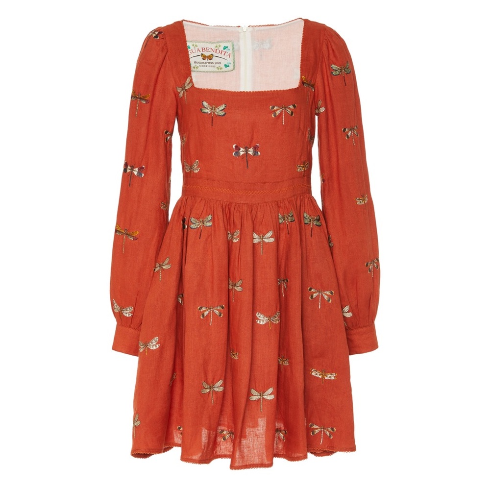 Agua Bendita Curuba Dress Linen Libelulas Dragonfly Butterfly Print Orange M